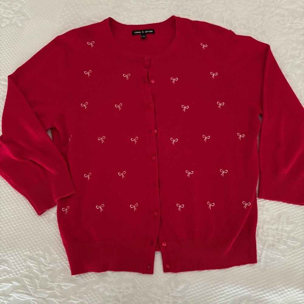 Bows Galore! 3/4 sleeve red embellished cardigan Misses XL
